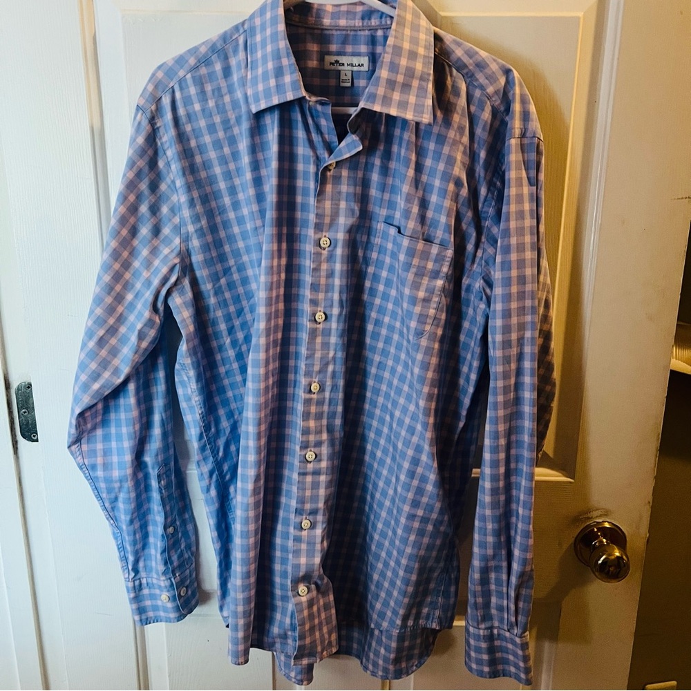 Peter Millar Men’s Large Pink Blue Check Long Sleeve Button Down